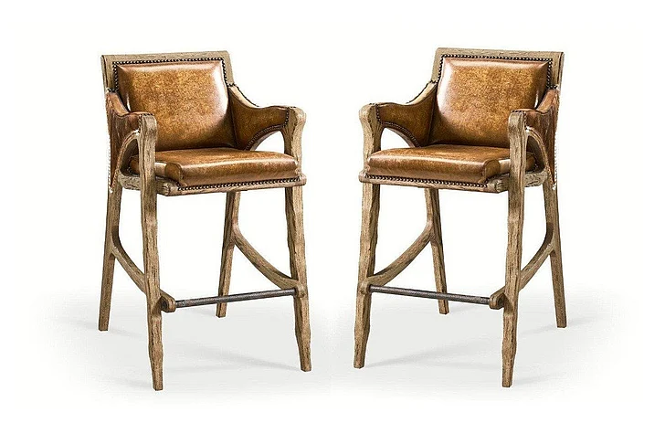 Jonathan Charles Echo Canyon Leather & Hide Bar Stool in Faded Oak (Set of 2) 491256-FDO-BS-L044