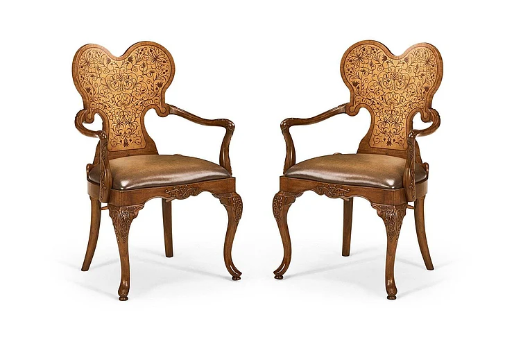 Jonathan Charles JC Traditional Seaweed Marquetry Arm Chair in Medium Walnut (Set of 2) 492802-AC-WAL-L002