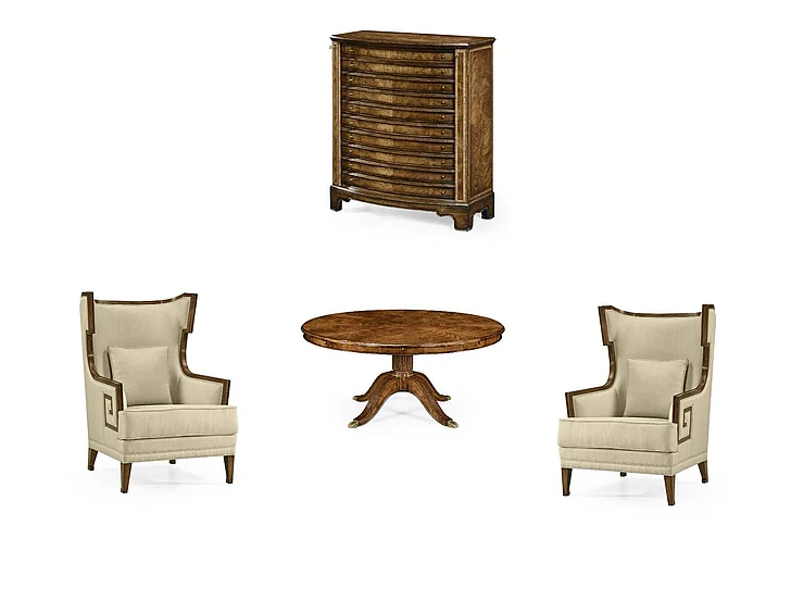 Jonathan Charles JC Traditional 4pc 66" Walnut Extending Circular Dining Table Set with Storage Cabinet for Leaves in Medium Crotch Walnut