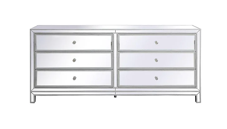 Elegant Reflexion 72 In. Mirrored Six Drawer Chest in Antique Silver MF73672S
