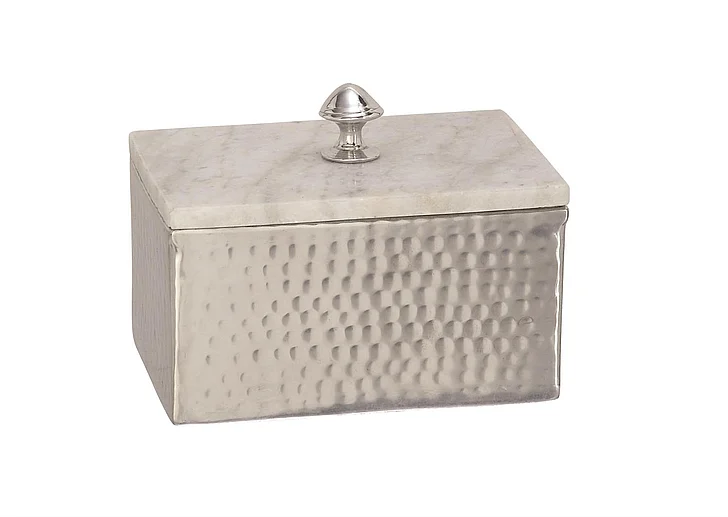 UMA Silver Aluminum Metal Hammered Decorative Jewelry Box with White Marble Lid, 7" x 5" x 6" | 49685