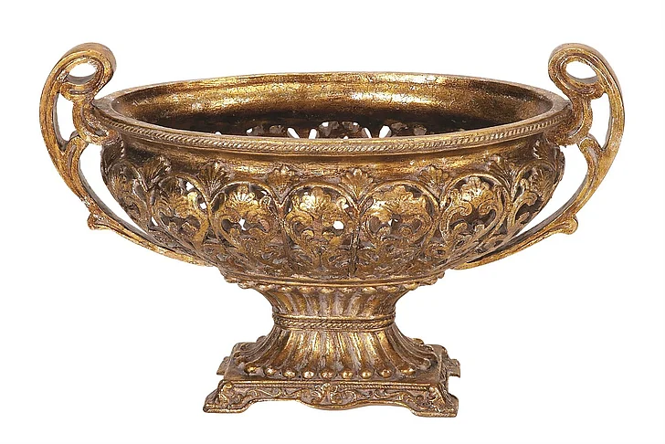 UMA Gold Polystone Ornate Decorative Bowl with Handles, 19 x 10 x 12 | 49871