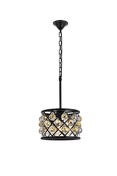 Elegant Madison 3 Light Matte Black Pendant Golden Teak (Smoky) Royal Cut Crystal 1214D12MB-GT/RC