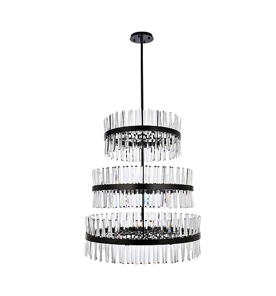 Elegant Serephina 36 In. 3 Tiers Crystal Round Chandelier Light in Black 6200G36L3BK