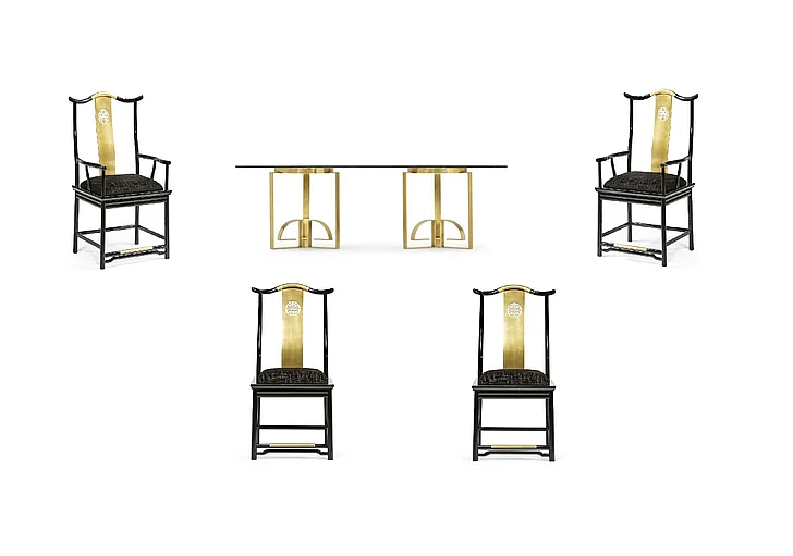 Jonathan Charles JC Modern 5pc 87" Fusion Rectangular Chinoiserie Dining Table Set in Antique Etched Brass