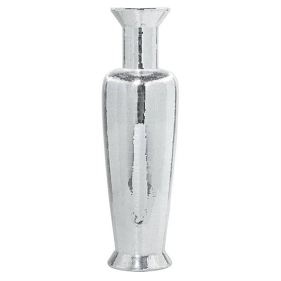 UMA Silver Polystone Tall Floor Decorative Vase with Mosaic Mirror Inlay, 15" x 15" x 51" | 50141