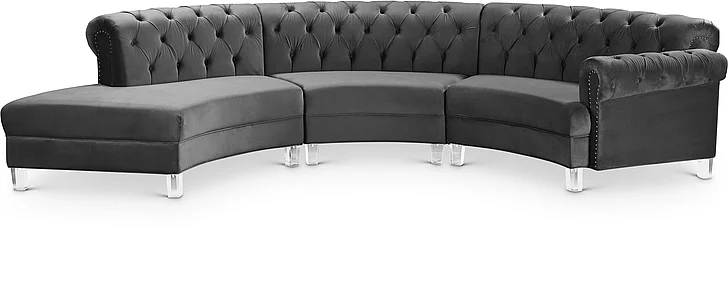 Meridian Anabella Modular Velvet Sectional in Grey Velvet 697Grey-Sec-3PC