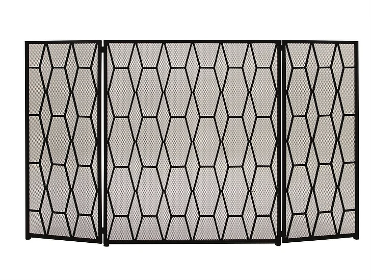UMA Black Metal Geometric Foldable Mesh Netting 3 Panel Living Room Fireplace Screen, 51" x 1" x 31" | 50378