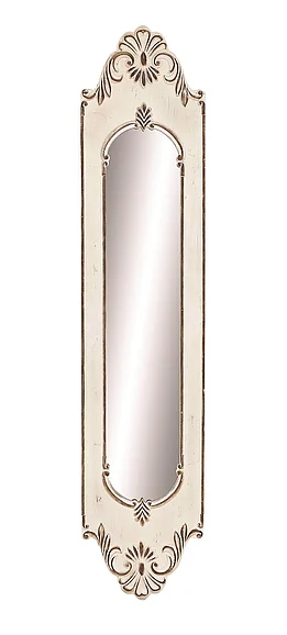 UMA White Wooden Floral Slim Oval Vintage Style Room Wall Mirror with Carved Brown Scrollwork, 16" x 2" x 72" | 51005
