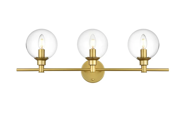 Elegant Jaelynn 3 Light Brass and Clear Bath Sconce LD7318W28BRA CLOSEOUT
