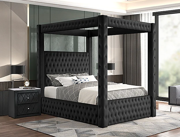 Crown Mark Annabelle King Upholstered Canopy Bed in Black