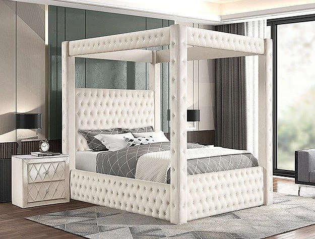 Crown Mark Annabelle 2pc Upholstered Canopy Bedroom Set in White