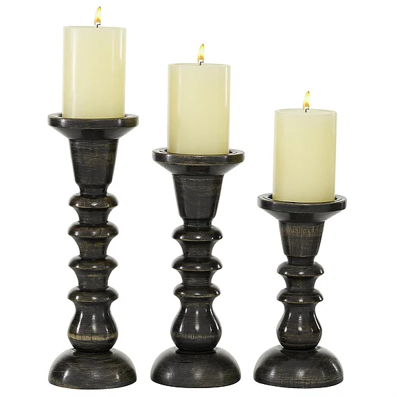 UMA Dark Brown Wood Decorative Candle Holder, Set of 3 8, 10, 12H | 51323 CLOSEOUT