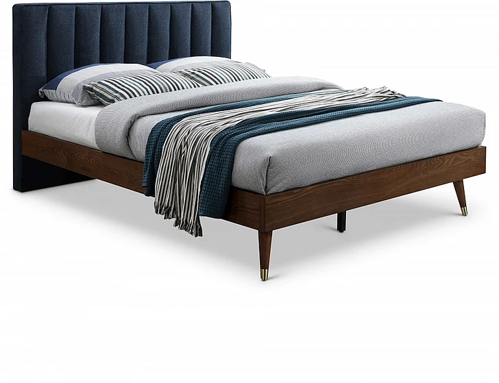 Meridian Vance Mid-Century Modern Linen Textured Queen Bed in Navy Linen Textured Fabric VanceNavy-Q