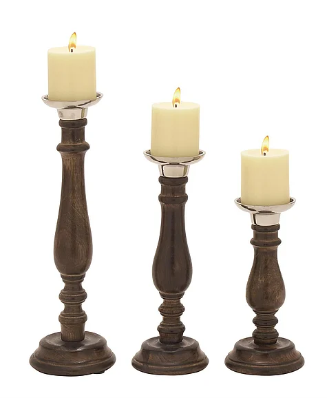 UMA Dark Brown Mango Wood Candle Holder, Set of 3 9, 12, 15H | 51574 CLOSEOUT