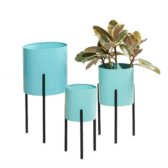 UMA Teal Metal Minimalistic Indoor Outdoor Planter with Removable Stand, (Set of 3) 12, 14, 18H | 51977