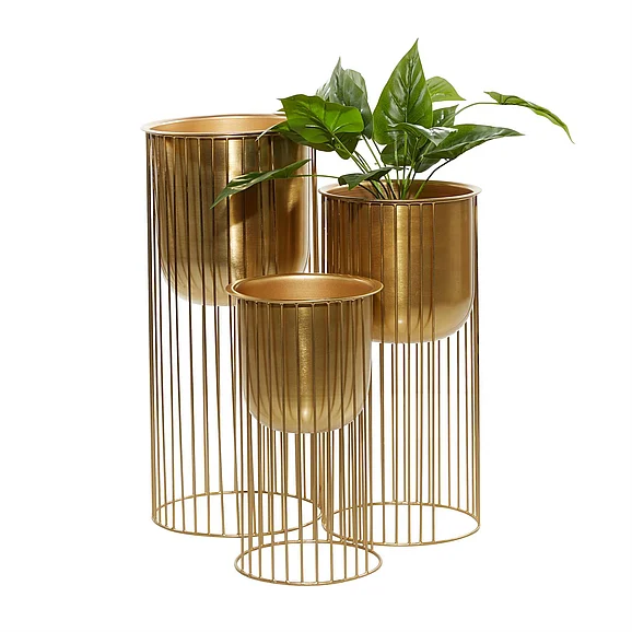 UMA Gold Metal Deep Recessed Dome Indoor Outdoor Planter with Elevated Caged Stand, (Set of 3) 24, 20, 16H | 51982