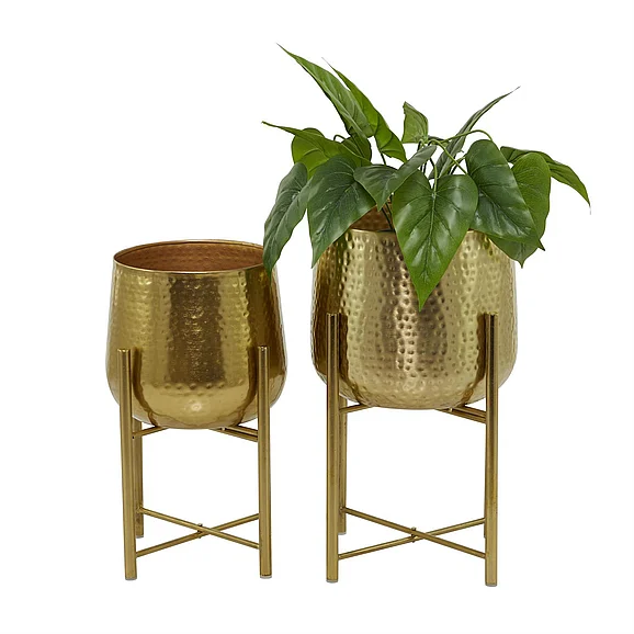 UMA CosmoLiving by Cosmopolitan Gold Metal Deep Recessed Hammered Dome Indoor Outdoor Planter with Removable Stand, Set of 2 17, 19H | 51992