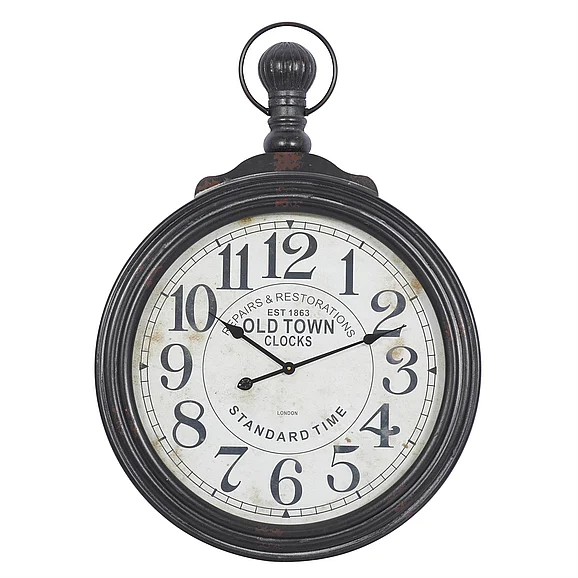 UMA Brown Wooden Distressed Pocket Watch Style Decorative Wall Clock with Beige Clockface, 28" x 3" x 39" | 52107