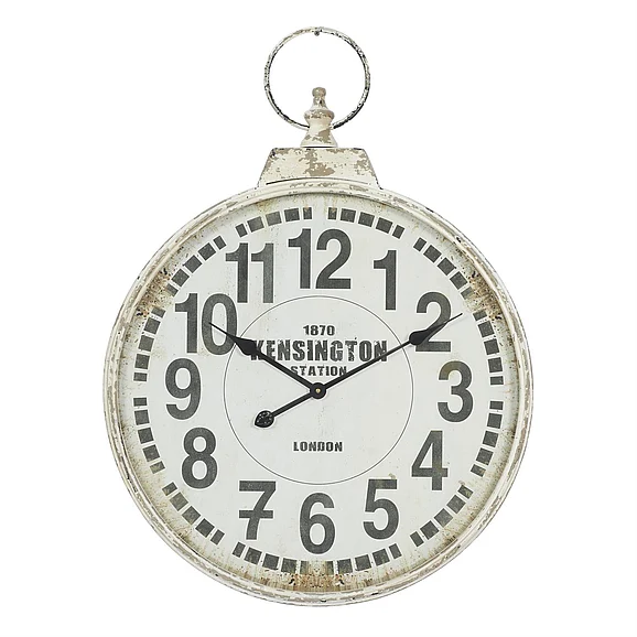 UMA White Metal Distressed Pocket Watch Inspired Decorative Wall Clock with Black Accents, 24" x 3" x 32" | 52118