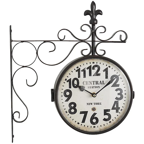 UMA Black Metal Scroll Vintage Double Sided Decorative Wall Clock with Fleur-De-Lis Finial, 15" x 3" x 16" | 52593