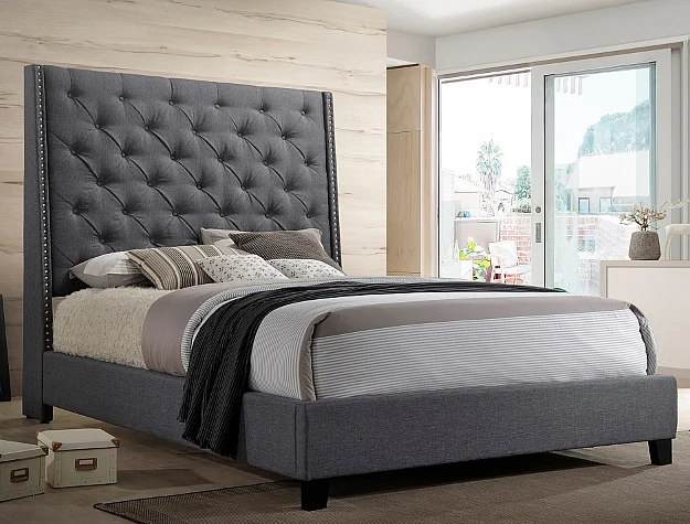 Crown Mark Chantilly Queen Upholstered Panel Bed in Grey