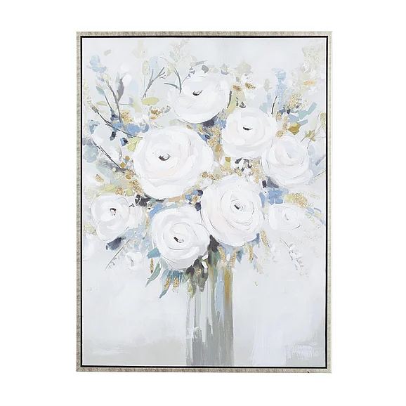 UMA White Canvas Floral Bouquet Living Room Framed Wall Art with Silver Frame, 36 x 2 x 48 | 52663