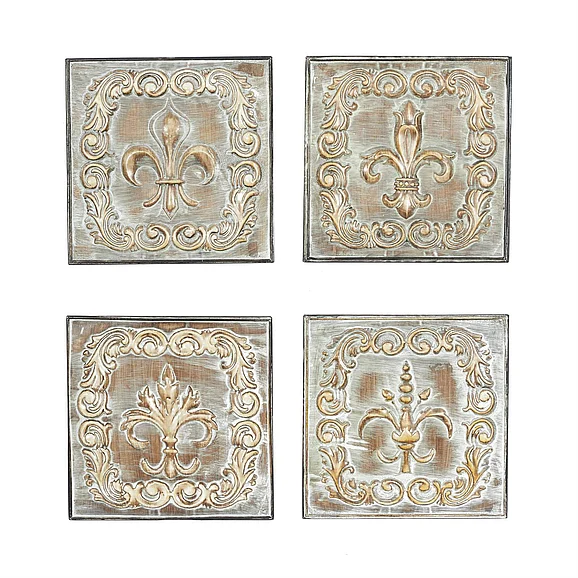 UMA Green Metal Fleur De Lis Embossed Home Wall Decor with Scroll Details, 4 Assorted 16H, 16W | 52730 (Set of 5) Small Parcel Free Shipping