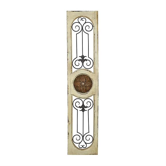 UMA White Wood Scroll Distressed Door Inspired Ornamental Home Wall Decor with Metal Wire Details, 12" x 1" x 58" | 52735