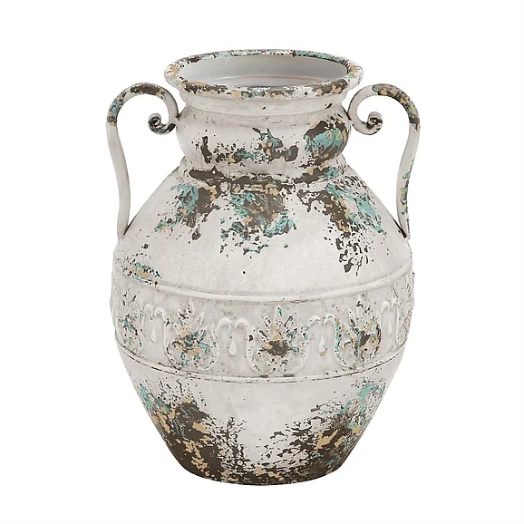 UMA White Metal Distressed Decorative Vase, 12" x 12" x 15" | 52741