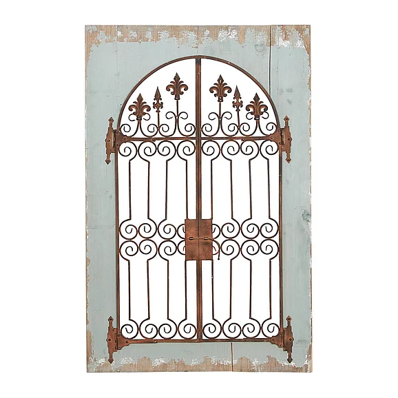 UMA Blue Wood Fleur De Lis Arched Windowpane Home Wall Decor with Rust Metal Scrolled Gate, 33" x 1" x 50" | 52749