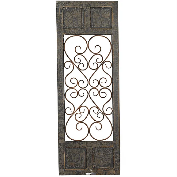 UMA Brown Wood Scroll Window Inspired Panel Home Wall Decor with Copper Metal Scrollwork, 20" x 1" x 57" | 52792