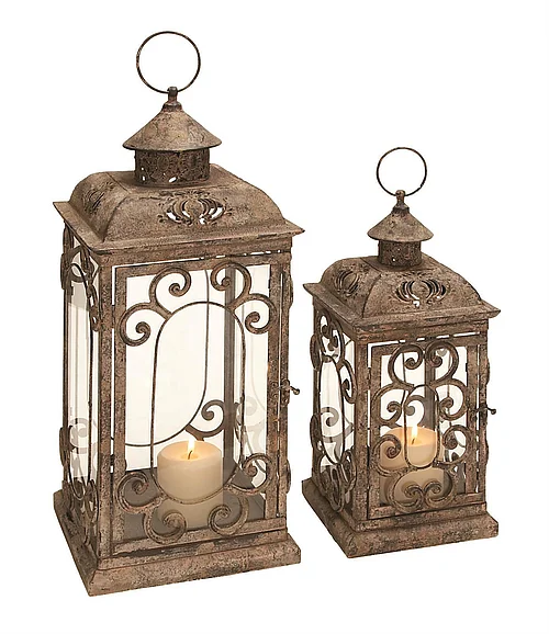 UMA Brown Metal Decorative Indoor Outdoor Candle Lantern with Intricate Scroll Work, Set of 2 20, 15H | 52949 CLOSEOUT