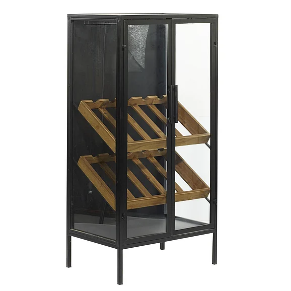 UMA Black Metal 10 Bottle Storage Standing Wine Rack with Wine Glass Holders and Wood Accents, 21" x 15" x 40" | 53336