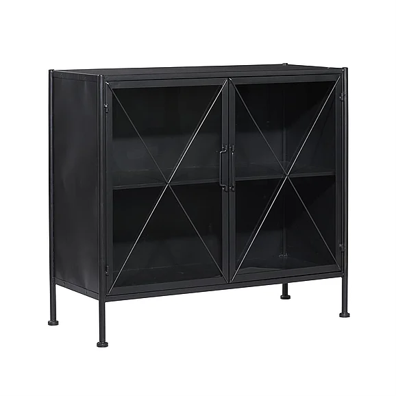UMA Black Metal Geometric 1 Shelf and 2 Doors Room Cabinet with Glass Front Panels, 33" x 14" x 29" | 53340