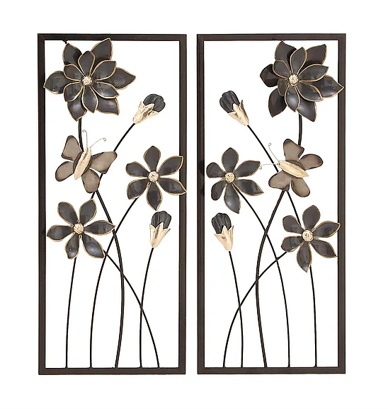UMA Teal Metal Floral Home Wall Decor with Black Frames and Butterfly Accents, (Set of 2) 12W, 28H | 53361