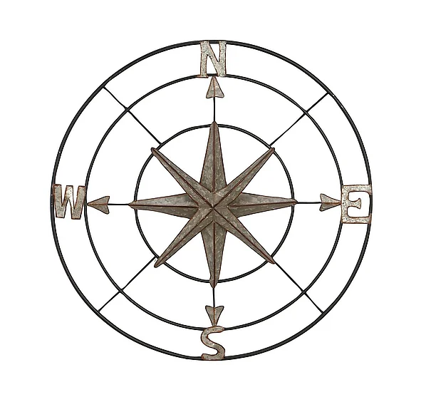 UMA Gray Metal Compass Indoor Outdoor Home Wall Decor with Distressed Copper Like Finish, 32 x 2 x 32 | 53383
