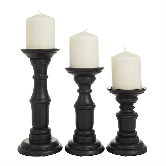 UMA Black Mango Wood Turned Style Pillar Decorative Candle Holder, Set of 3 10, 8, 6H | 53564 CLOSEOUT