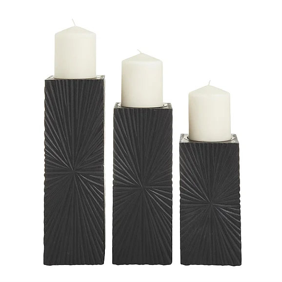 UMA CosmoLiving by Cosmopolitan Black Wooden Geometric Carved Pillar Decorative Candle Holder, Set of 3 12, 10, 8H | 53572 CLOSEOUT