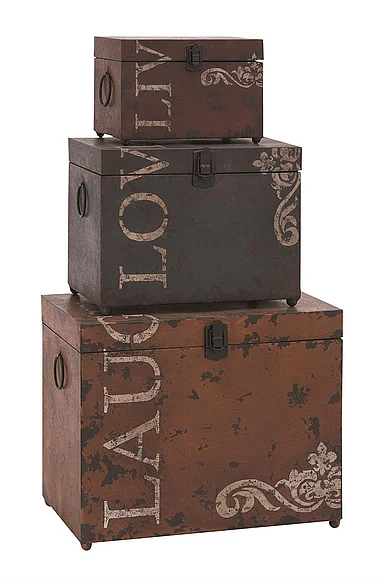 UMA Multi Colored Metal Scroll Vintage Live, Love, Laugh Storage Trunk Decorative Trunk with Latches and Handles, (Set of 3) 16, 12, 9W | 53854