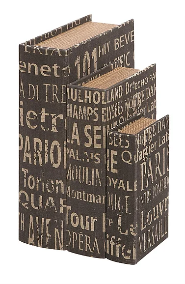 UMA Black Canvas Book Storage Decorative Box with Beige Paris Typography, Set of 3 14, 12, 9H | 53862 CLOSEOUT