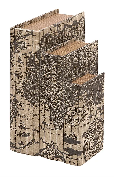 UMA Beige Faux Leather World Map Book Storage Decorative Box with Black Continents, (Set of 3) 14, 12, 9H | 53863
