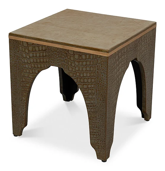 Sarreid Croco Embossed Leather Stool in Antique Green 54011-3