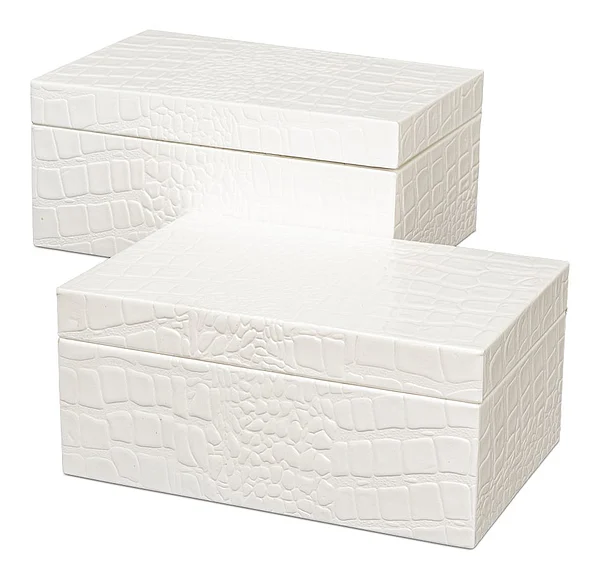 Sarreid Candece Leather Box in Antique Pearl 54013-2 (Set of 2)