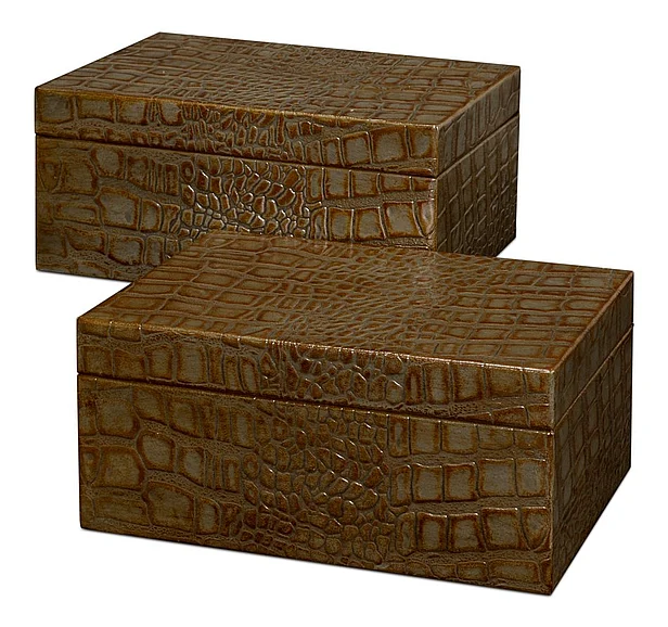 Sarreid Candece Leather Box in Antique Green 54013-3 (Set of 2)