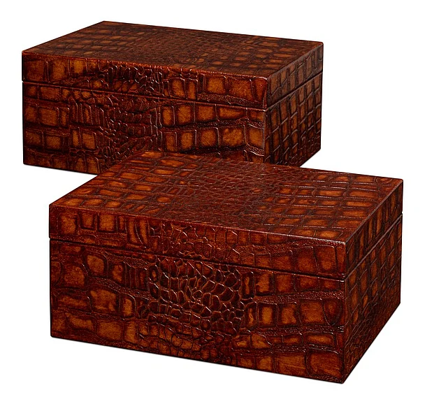 Sarreid Candece Leather Box in Tan 54013-4 (Set of 2)