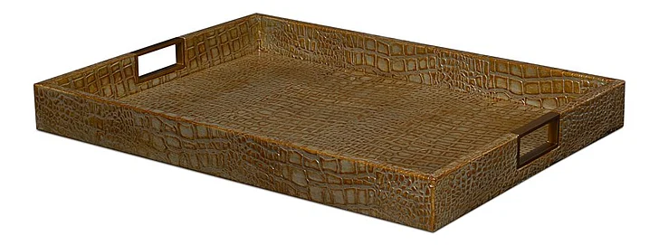 Sarreid Norton Leather Tray in Antique Green 54014-3