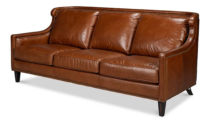 Sarreid Philipe Distilled Leather Sofa in Havana Brown 54061