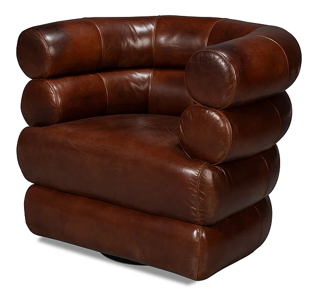 Sarreid Rondo Leather Swivel Chair in Newark Brown 54068 CLOSEOUT