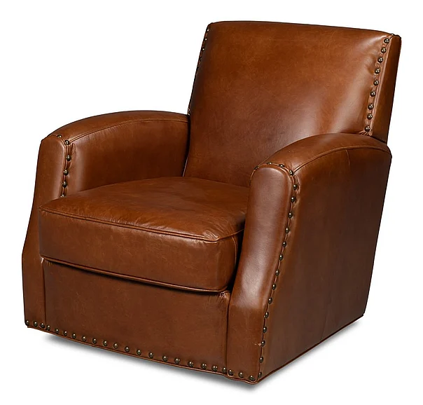 Sarreid Taft Leather Swivel Chair in Havana Brown 54104